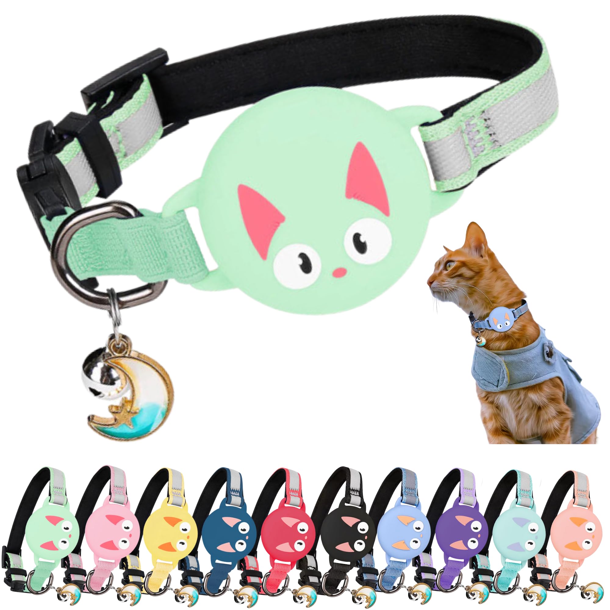 Kittytag Mint Green Reflective Airtag Cat Collar With Air Tag Holder And Bell, Quick Release, Compatible With Airtag And Iphone, Safe, Adjustable, Anti-choke Apple Airtag Holder For Cats — image 1