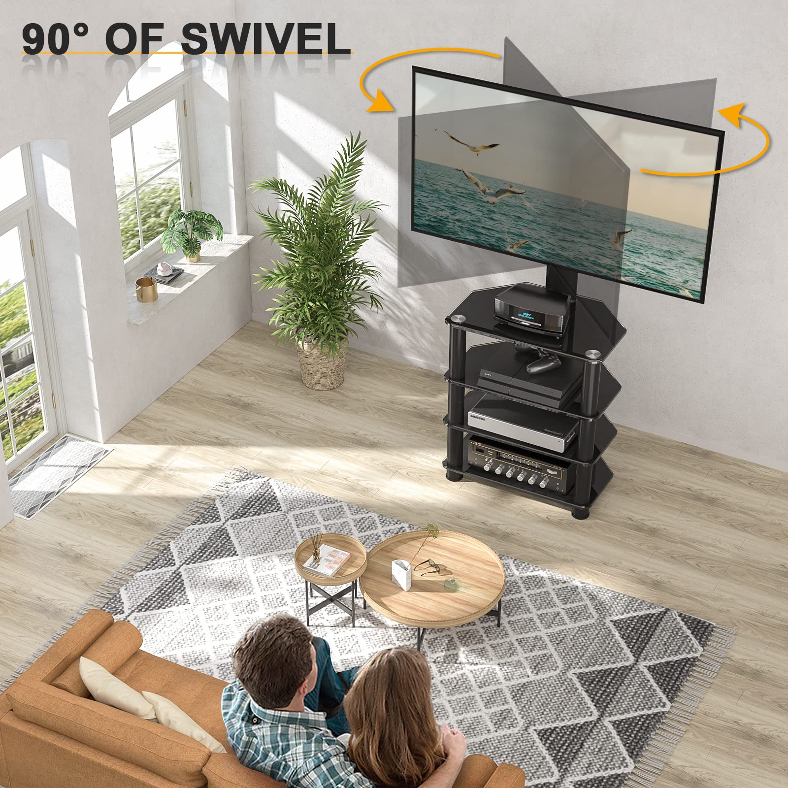 TAVR Furniture 4-Tiers Media Component TV Stand with Swivel Mount Audio Shelf and Height Adjustable Bracket, Black Floor TV Stand for 32-70 Inch LCD LED OLED Flat/Curved Screen TVs