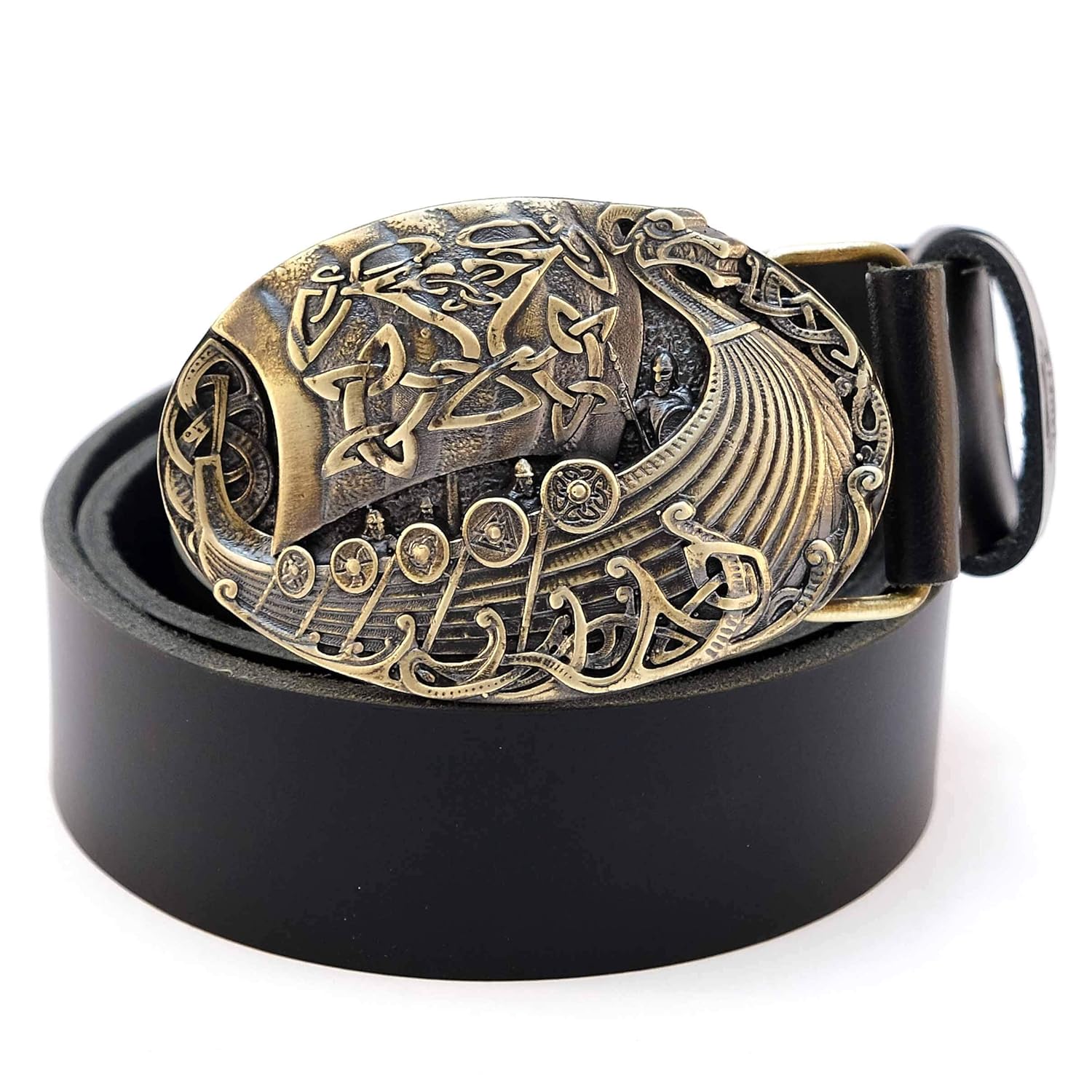 Leather belt with brass buckle Viking warship Drakkar; warrior belt buckle; Scandinavian belt