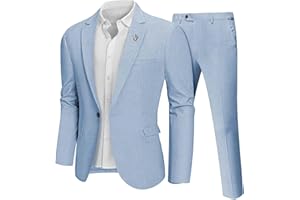 Hihawk Men 2 Piece Regular Fit Linen Suit, Casual Blazer Pants Set, Lightweight Jacket Trouser for Wedding Prom