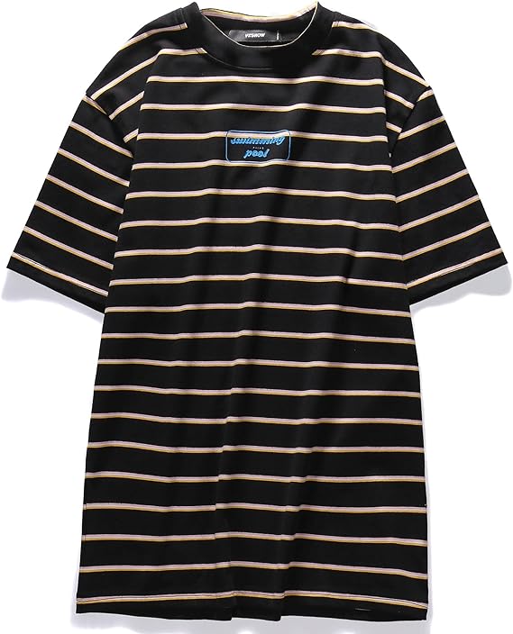 Amazon Viishow メンズ ブラック ボーダー クルーネック 英字ロゴ 人気 Tシャツ Tシャツ カットソー 通販