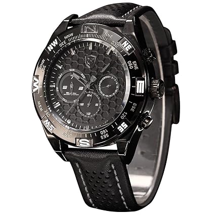 Shark Mens Shortfin Series Date Day Dual Time Zone Sport Leather Band Wrist Watch SH152 Black