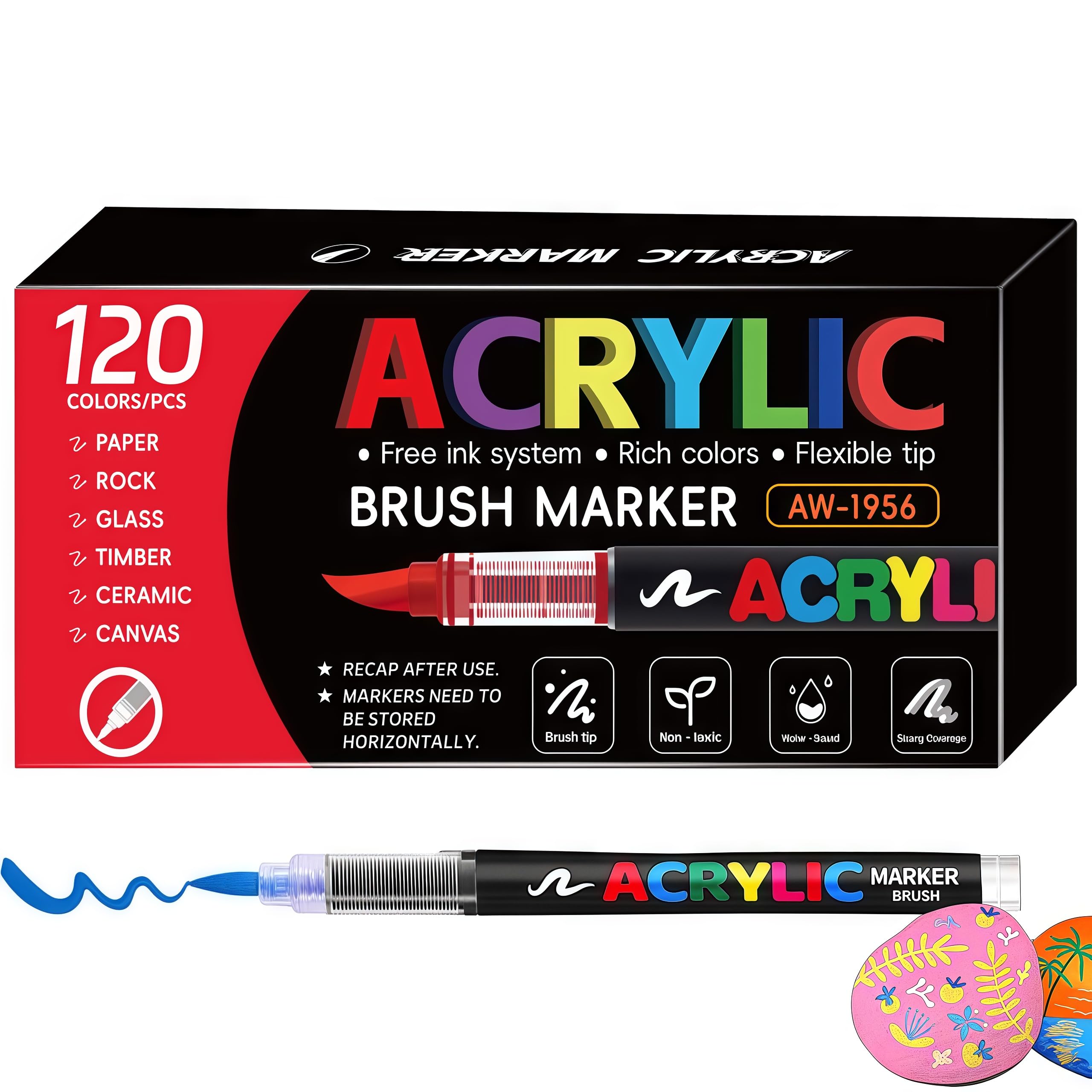 Photo 1 of 120 Colors Permanent Acrylic Paint Markers,Brush Tip Pens set for Rocks Wood Glass Ceramics Fabric Paint for Coloring,Painting,DIY Drawing and Art