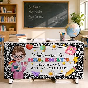 CAPOZEN Personalized Teacher Desk Skirt for Classroom, Custom Teacher Name Banner Desk Curtain Skirt, Pastel Teacher Table Sk