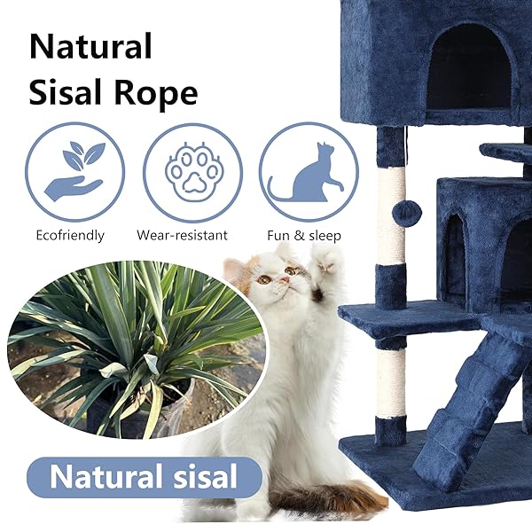 FDW | 54″ CAT TREE TOWER | DARK BLUE | MULTI-LEVEL INDOOR ACTIVITY CENTER WITH SISAL SCRATCHING POSTS, CONDOS, PLUSH PERCHES, HANGING CAT TOYS | STURDY, EASY TO ASSEMBLE | FOR KITTENS & ADULT CATS