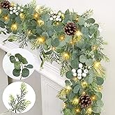 Prelit & Timer - 6 Ft Christmas Garland with Lights, Real Touch Cedar Garland Soft Bendable Thickness Eucalyptus Cypress Pine Garland with Pinecone Berry, Lighted Garlands for Mantle Table Stairs