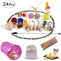 MIBOTE 24Pcs Cat Toys Kitten Catnip Toys Assorted, 2 Way Tunnel, Fish, Interactive Feather Teaser, Fluffy Mouse, Tumble Cage Mice, Crinkle Rainbow Balls Bells Toys for Puppy Kitty