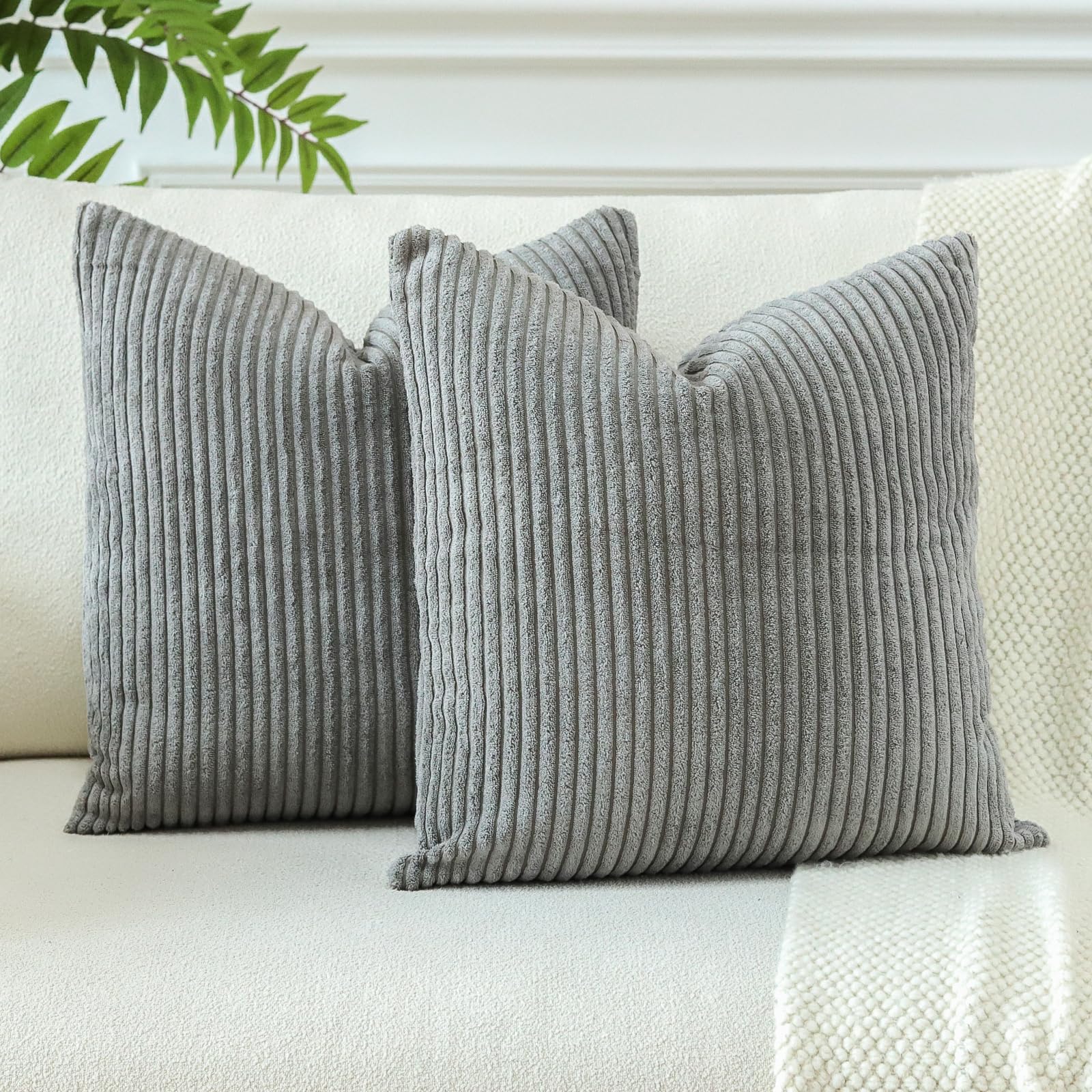 JOTOM Pack of 2 Corduroy Cushion Covers 40x40 cm Soft Striped Solid Decorative Throw Pillow Covers Square Cushion Pillow Cases for Couch Sofa Living Room Bed Home Boho Decor 16x16 Inch (Grey) — image 1
