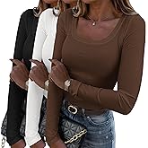 Zeagoo Women's Long Sleeve Scoop Neck Shirts Casual Slim Fit Rib Knit Tops Summer Fall Basic Business Work Tee