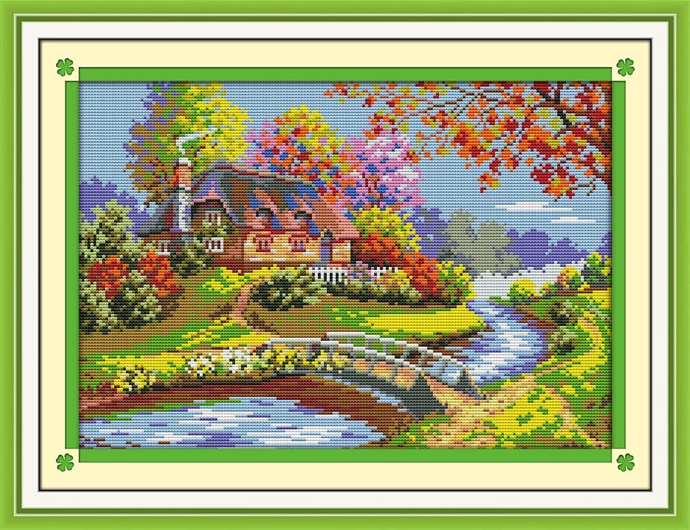 Stamp Cross Stitch Kits, 14 Count Pre-Printed Cross-Stitching Starter for Beginners 42 x 34 cm DIY Sewing Crafts Cabin Autumn