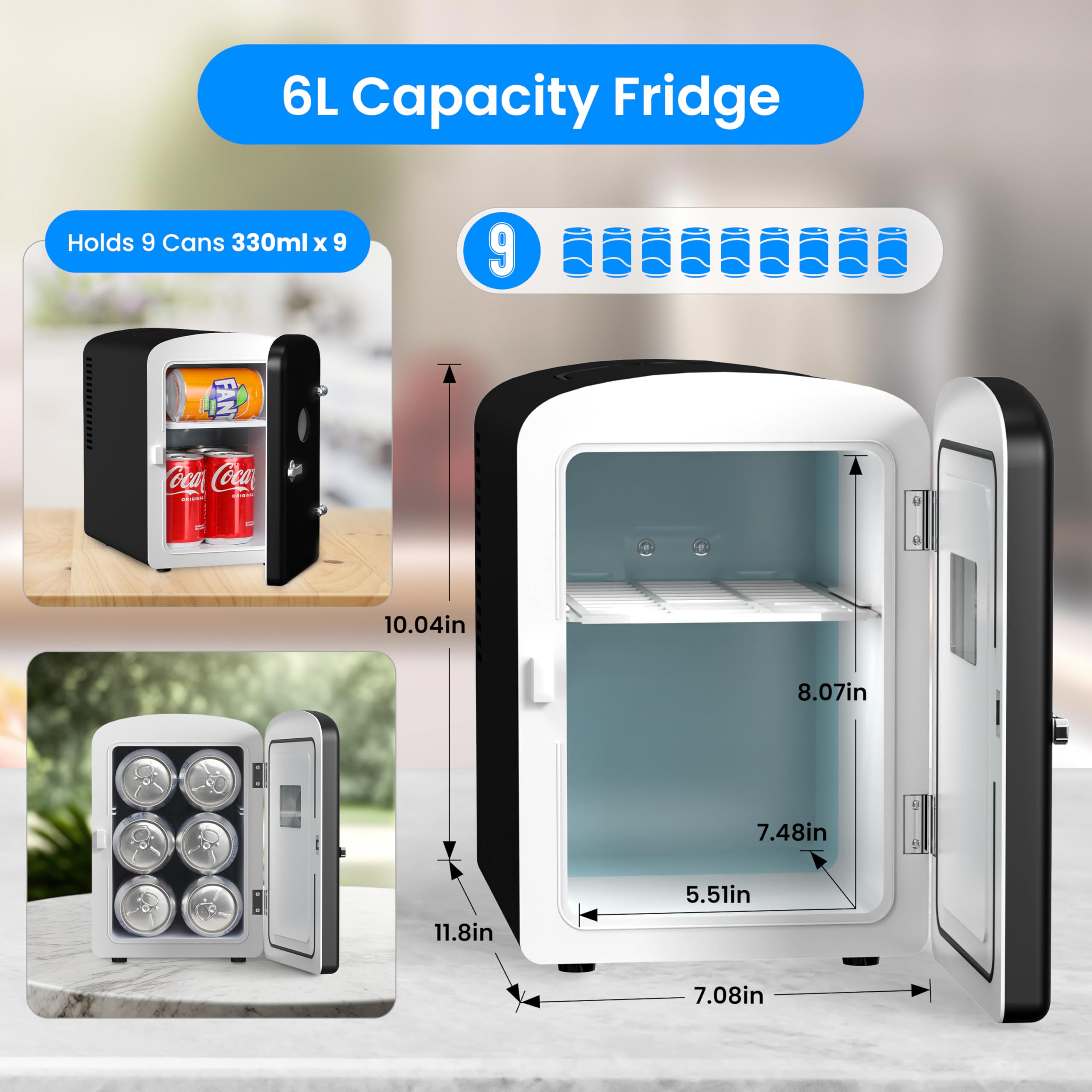 Simple Deluxe 6L Portable Mini Fridge with Observation Window, Warmer and Cooler 9 Cans Compact Refrigerator, 100% Freon-Free & Eco Friendly, 6 L, Black