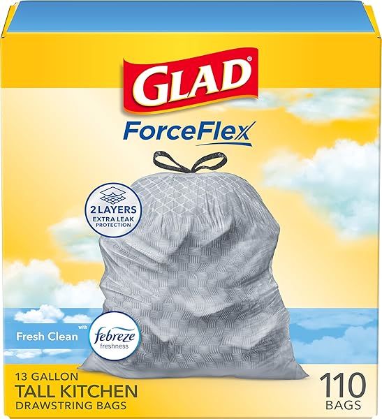 GLAD TALL KITCHEN DRAWSTRING TRASH BAGS – ODORSHIELD 13 GALLON WHITE TRASH BAG, FEBREZE FRESH CLEAN, 110 COUNT