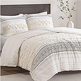 Hyde Lane Queen Textured Duvet Cover Asha, Boho Farmhouse Ivory 100% Cotton Tufted Bedding Set with Zipper, Mid Century Modern Comforter Covers, 3 Pieces Including Matching Pillow Shams (90x90 Inches)
