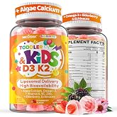 Toddler 2-3 & Teen Kids Vitamin D3 K2 + Calcium 500mg / 250mg Gummies | 1000 / 2000 IU D3 w/ Omega3 DHA, Elderberry, Mag, Tee