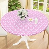 Smiry 36"-44" Round Fitted Tablecloth, Waterproof Plastic Table Cover | Flannel Backed Vinyl Tablecloth, Wipeable &amp; Windproof Tablecloth Protector for Indoor &amp; Outdoor (Pink &amp; White)