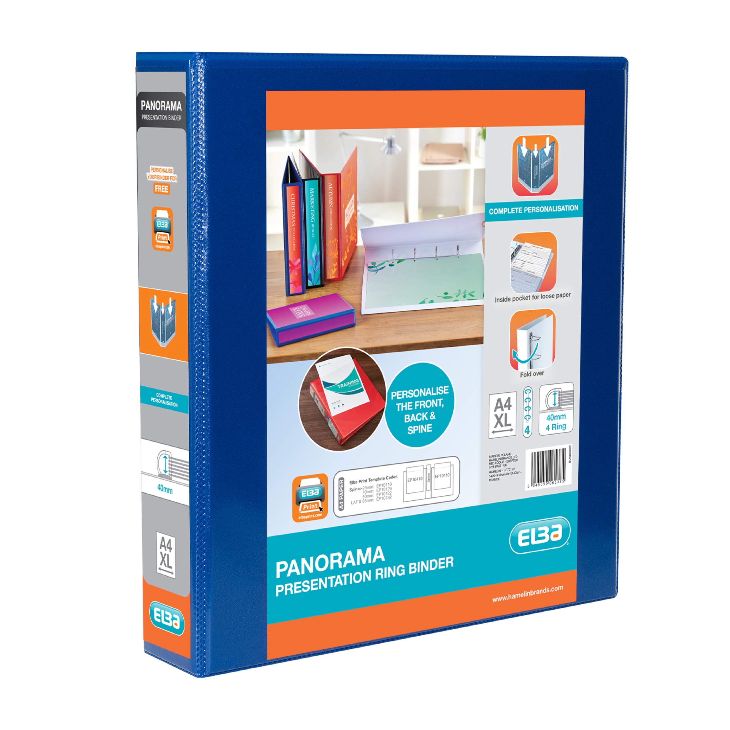 Elba A4 4 D-Ring Binder, 40mm capacity, 60mm spine, Presentation Folder with Customisable Cover, Portrait, Blue (Single)