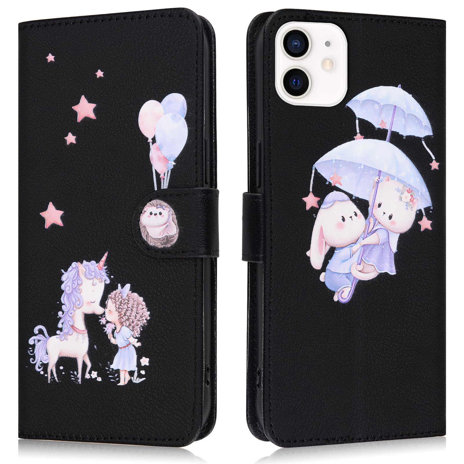 Butnyeoe for iPhone 12 Phone Case,iPhone 12 Pro Wallet Case,PU Leather Magnetic Book Flip Protective Cover with Card Holder,Cute Unicorn Black