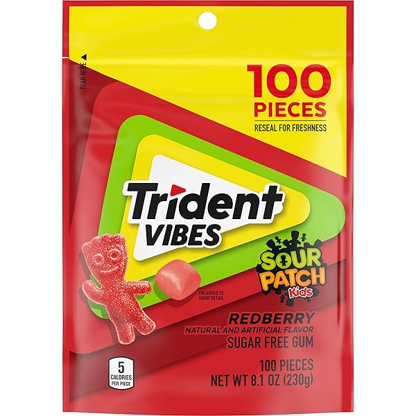 TRIDENT VIBES SOUR PATCH KIDS REDBERRY SUGAR-FREE CHEWING GUM, RESEALABLE POUCH, PACK OF 1 (100 PIECES)