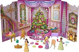 Mattel Disney Princess Doll Advent Calendar with 24 Days of Surprises, Including 3 Small Dolls, 3 Friends, 6 Fashions & 16 Accy Inspired by Movies (Amazon Exclusive)
