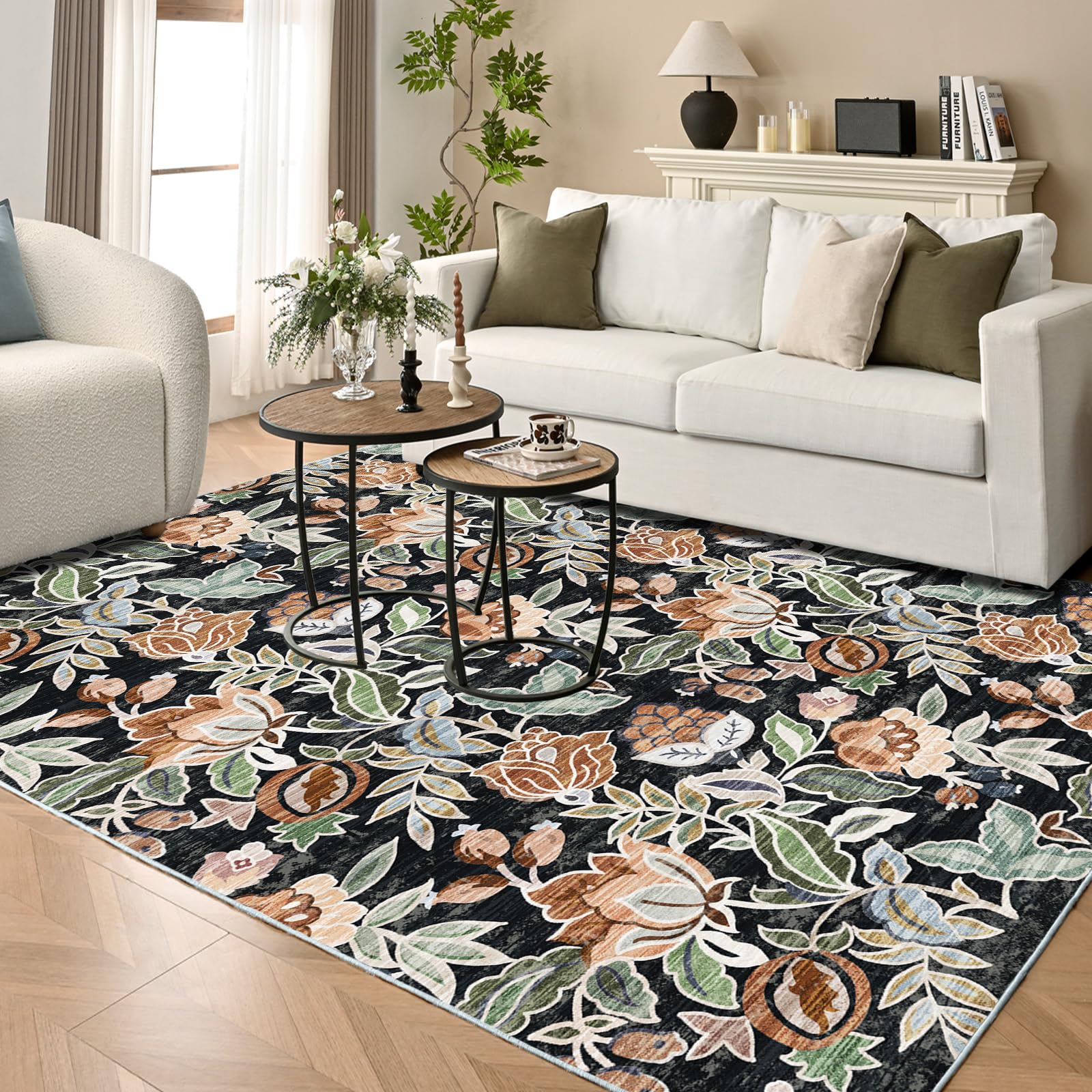 Photo 1 of 8x10 Large Area Rugs for Living Room,Non Slip Vintage Boho Rug,Machine Washable Rug,Low-Pile Floral Print Carpet for Bedroom Dinning Room Office Farmhouse Indoor Home Decor?Black 8'x10'?