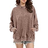 Wyeysyt Oversized Sweatshirt for Women Crewneck Cotton Sweatshirts Vintage Acid Wash Baggy Pullover with Pocket Y2k