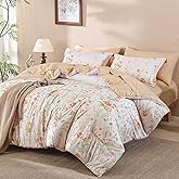 Yiran Coral Orange Watercolour Floral Comforter Set Queen Size, 7 Piece Cute Botanical Comforter Bedding Set, Bed in a Bag Queen, Soft Microfiber Complete Bedding Set with Sheets for All Season