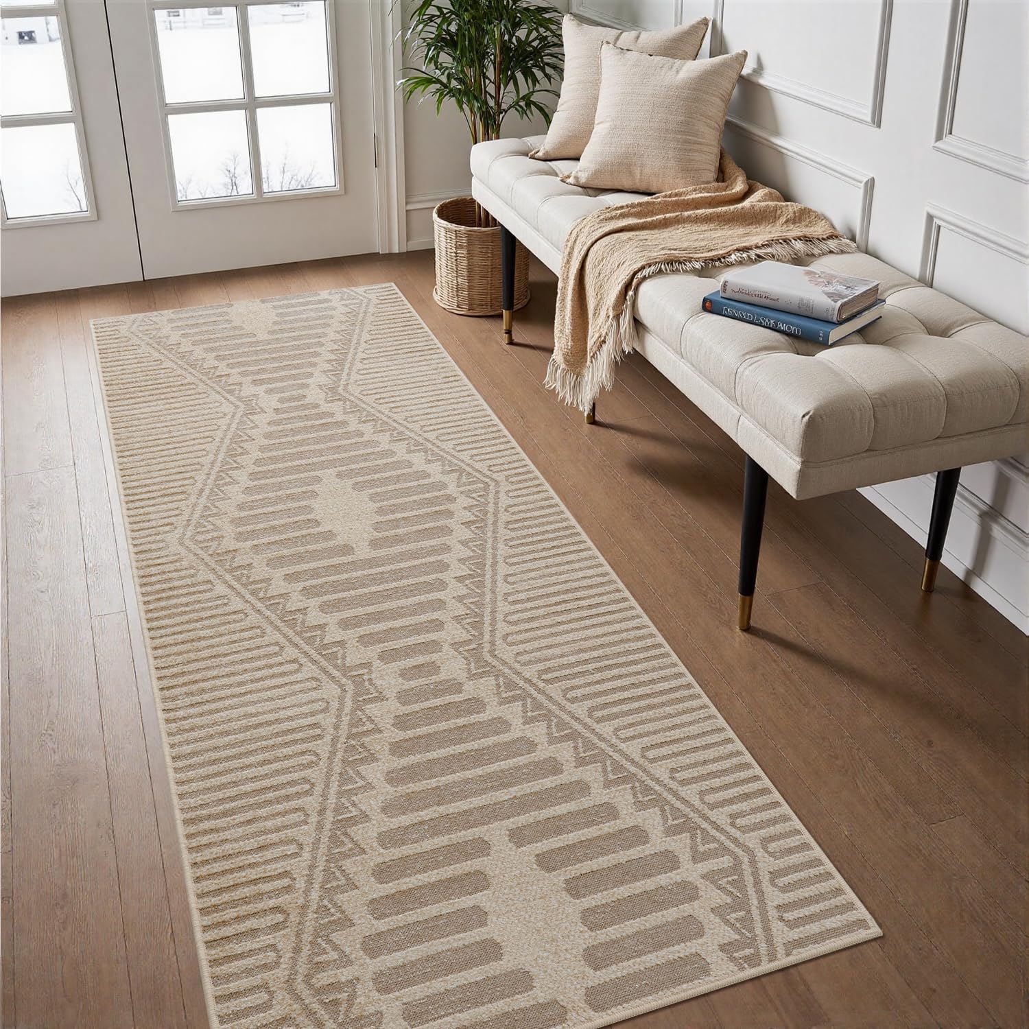 Photo 1 of ***(COLOR IS BLACK/ STOCK PHOTO FOR REFERENCE ONLY)***Textured Tufted Boho 2x6 ft Runner Rugs for Hallway Non Slip Hallway Runner Kitchen Bedroom Long Entryway Laundry Room Rug Washable-Beige Brown