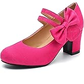 fereshte Women's Mary Jane Pumps with Bow, Round Closed Toe, Double Strap Chunky Heel Shoes