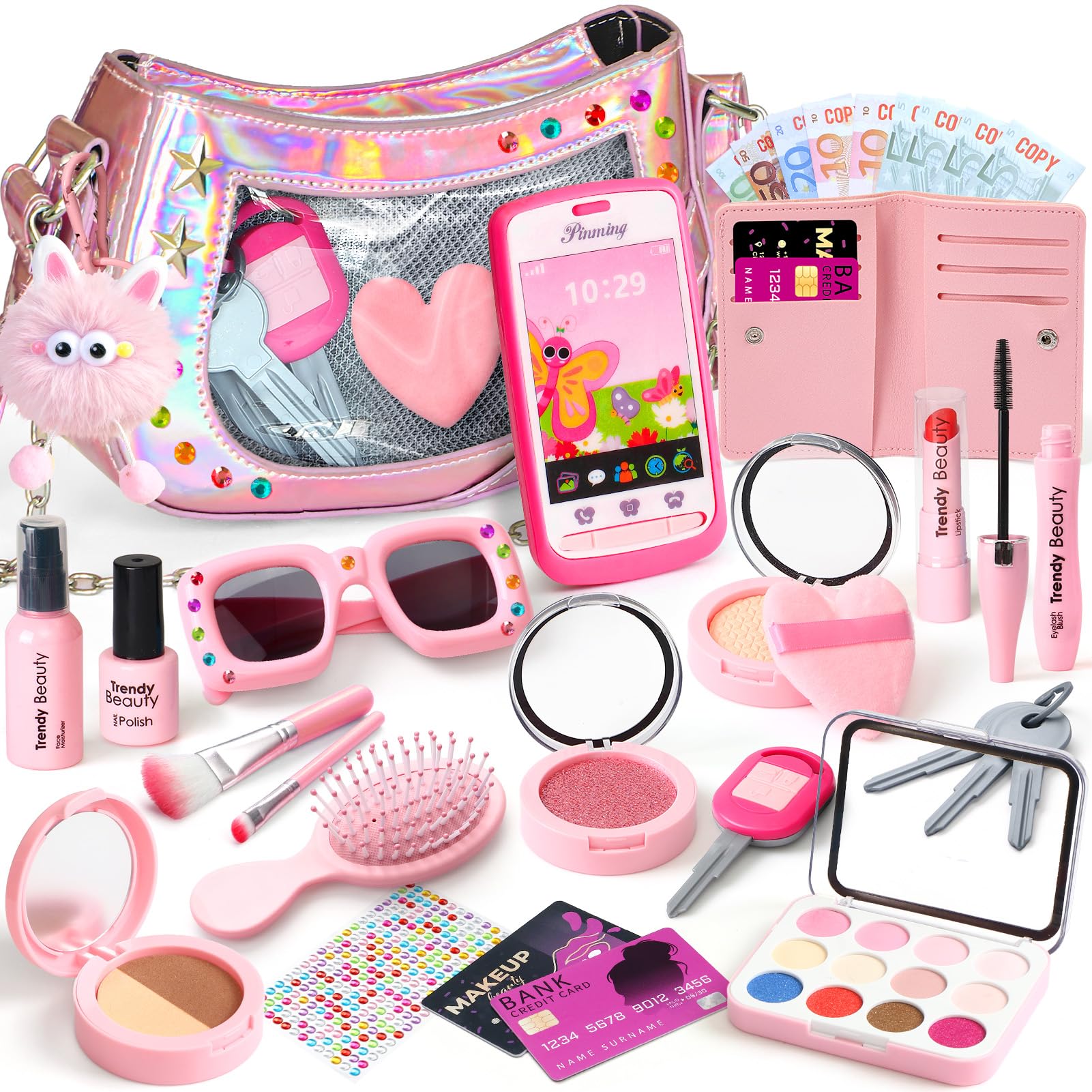 G.C Little Girls Purse with Accessories, Pretend Makeup Sets for Girls Toy Phone Girls Handbag Wallet Key Credit Card Plush Keychain Kids Play Purse Toy Birthday Gift for Girl 3 4 5 6 7 8 Year Old