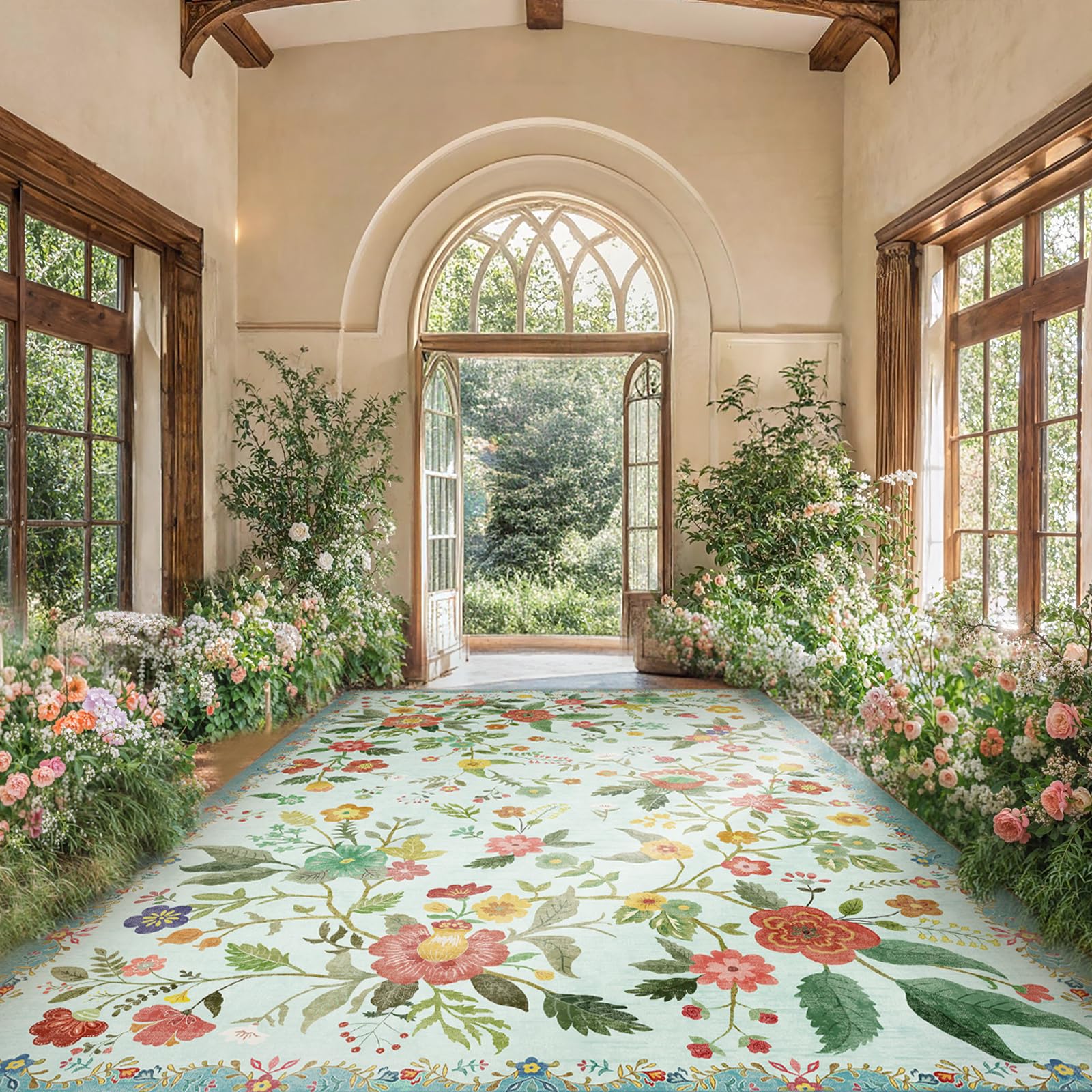 Amada 6x9 Area Rugs, Non-Slip & Low-Profile Living Room Rug with Reinforced Edge Binding, Soft Large Washable Boho Floral Rugs for Living Room, Bedroom, Dining Room Image