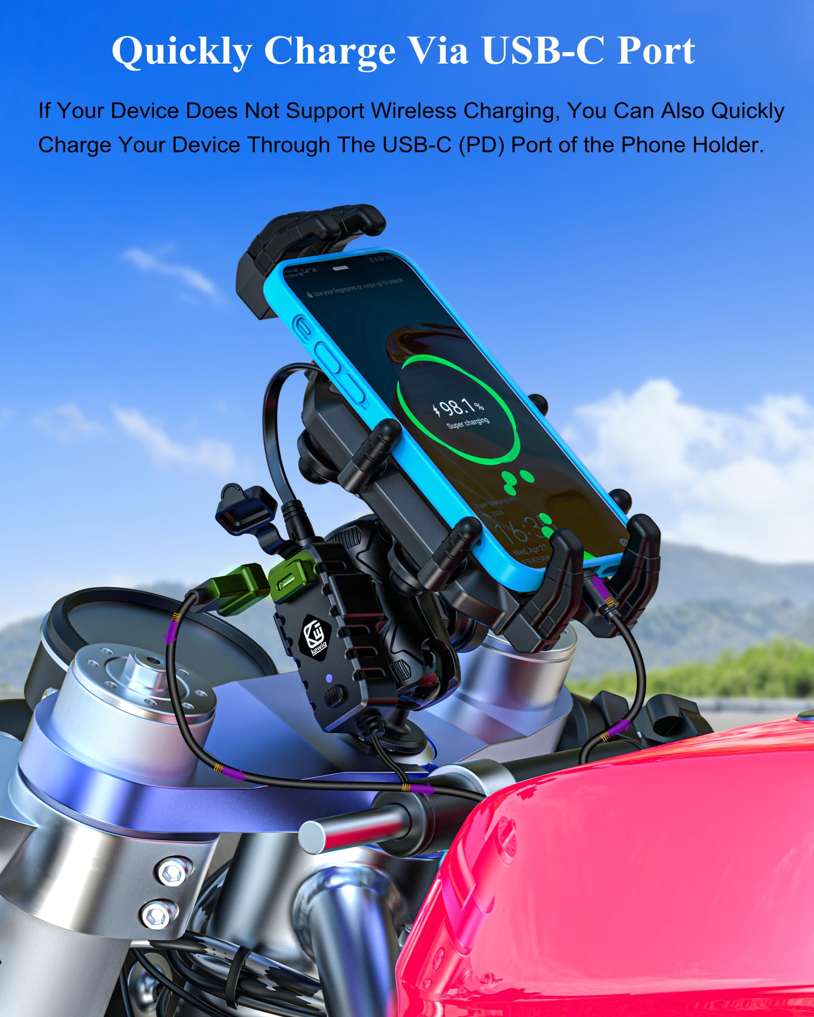 BRCOVAN Motorcycle Fork Stem Phone Mount with Qi 15W Wireless Charger & 36W PD/USB-C Fast Charging Port, Anti-Theft Motorcycle Phone Holder with Vibration Dampener for 5.4''-7.2'' Cellphones