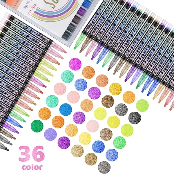 OLINGYOU GLITTER MARKER PENS,36 COLORS SELF-SHIMMER METALLIC MARKERS,GLITTER PAINT PENS DIY CRAFTS GREETING BIRTHDAY CARDS, MAKING POSTER,ALBUM,SCRAPBOOKING,WOOD,MUGS