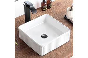 KARAMAG Bathroom Sink Square 14.6x14.6 Inch Vessel Sink Above Counter Porcelain Ceramic Vessel Sinks Modern Countertop Washing Art Basin For Bathrooms