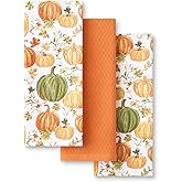 Martha Stewart Autumn Harvest Pumpkins Kitchen Towel 3-Pack Set, 100% Cotton with Absorbent Terrycloth, Decorative Kitchen Towels, Orange/Green/Ivory, 16"x28"