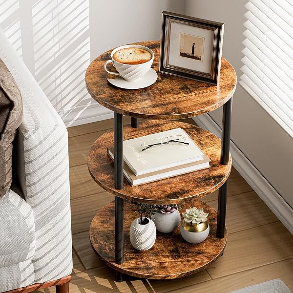 XBurmo Small Round Coffee Table - 3 Tier Design Accent Table, Narrow Side or Bedside Stand, Industrial Vintage Nightstand for