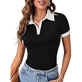 LYANER Women's V Neck Summer Casual Work Top Ribbed Knit Collared Shirt Short Sleeve Slim Fit Blouse