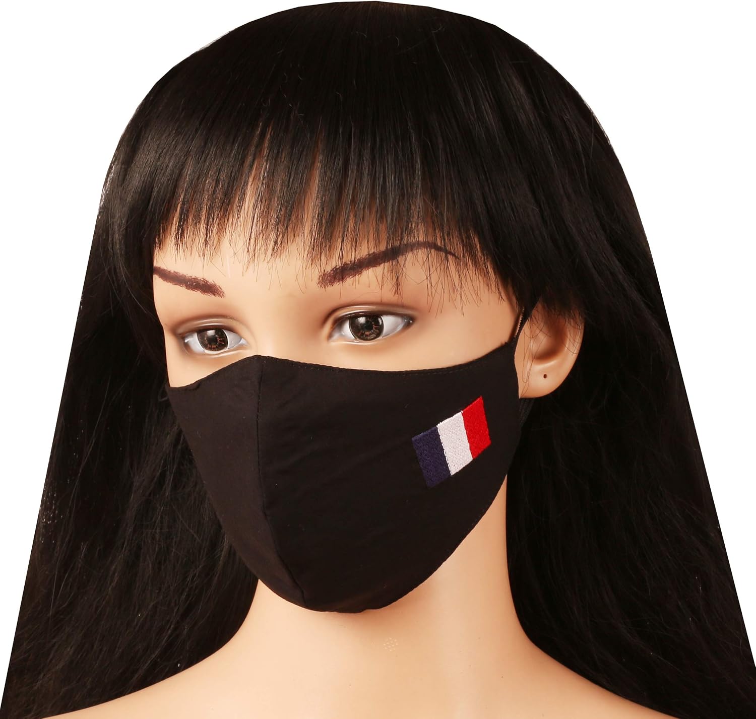Touchstone French Flag embroidered 3 layer medium size cotton face masks reusable machine washable adjustable for men women. (Pack of 1). Black - Image 3