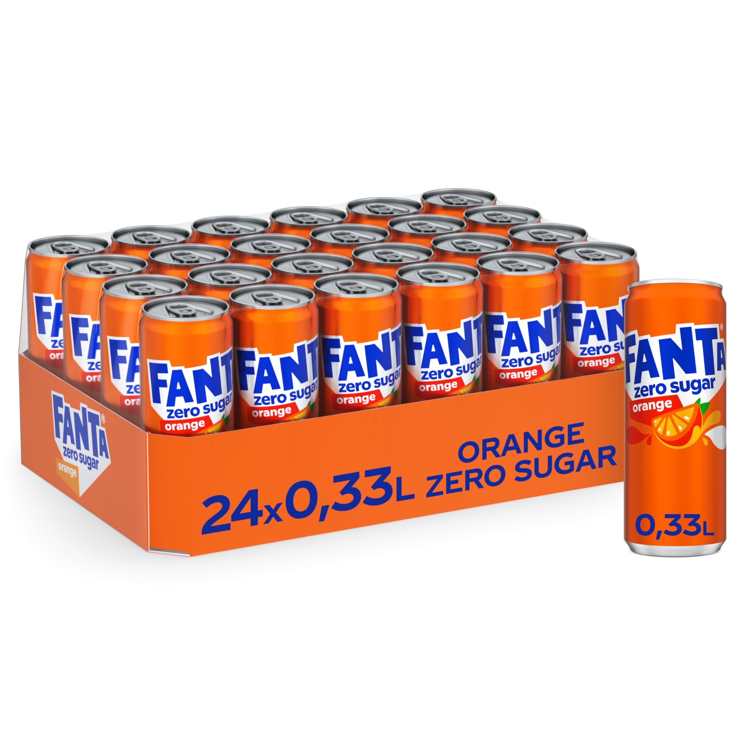 Fanta Zero Orange - fruchtig-spritzige Limonade mit klassischem Orangen-Geschmack - ohne Zucker und ohne Kalorien - erfrischender Softdrink in stylischen Dosen (24 x 330 ml)