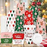 JarThenaAMCS 100 Sets 16oz Christmas Disposable Coffee Cups With Lids And Sleeves Festive Xmas Design Paper Drinking Cups For