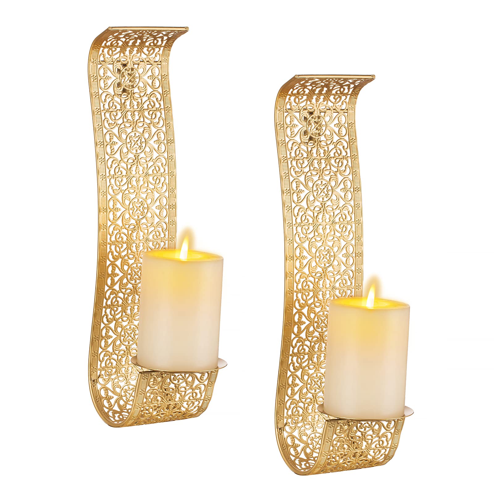 Sziqiqi Vintage Wall Candle Holders Gold Candle Sconces Candle Holder for Pillar Candles Metal Wall Mounted Candle Holders Set of 2 Hanging Elegant Wall Sconces for Living Room Bathroom Walls