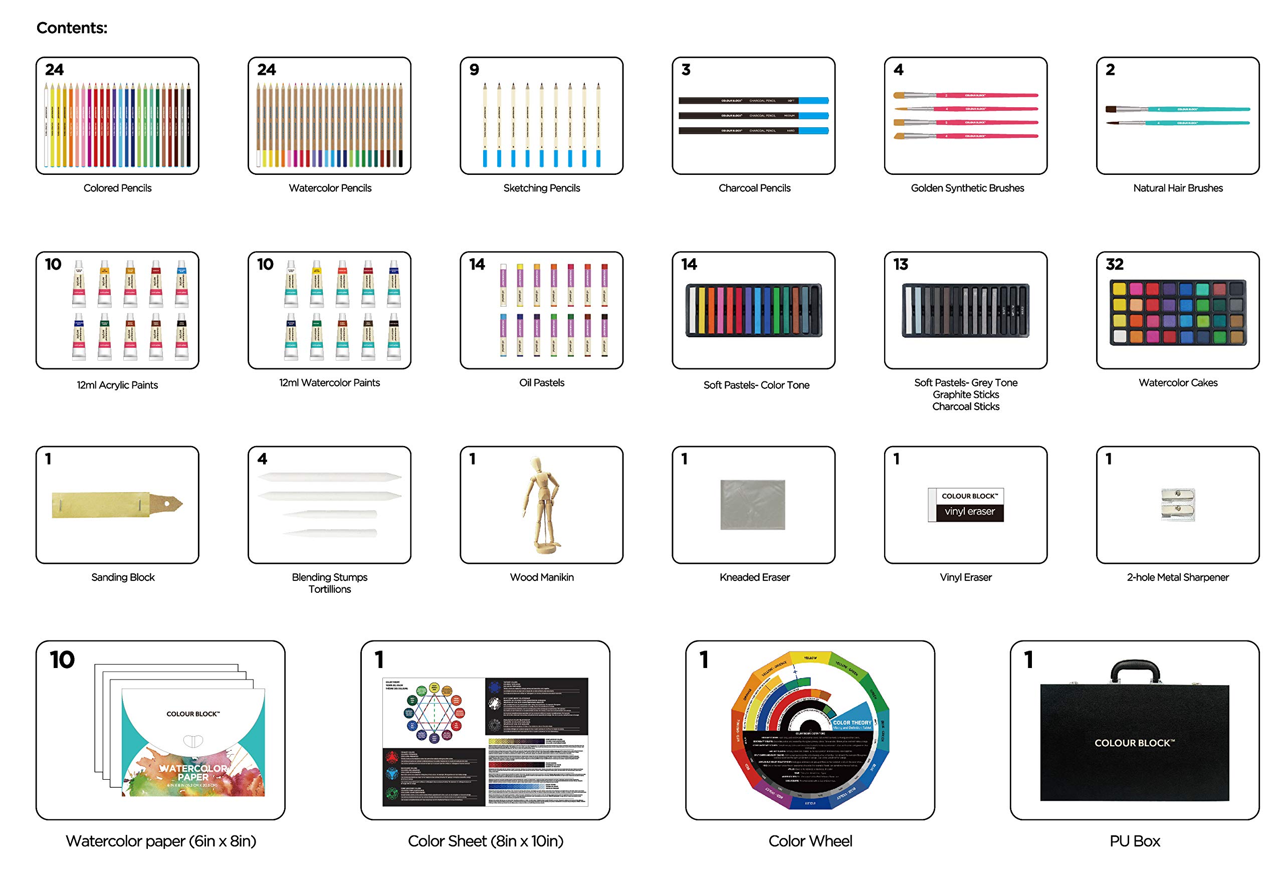 COLOUR BLOCK 181 pc Mixed Media Art Set in Durable Exquisite PU leather Case - Soft & Oil Pastels, Acrylic & Watercolor Paints, Sketching, Charcoal & Colored Pencils and Tools