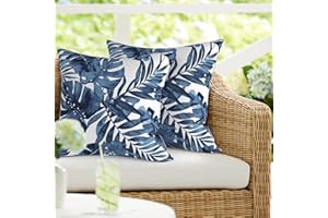 DYTXIII Pack of 2 Waterproof Patio Pillow with Inserts, Square Outdoor Decorative Throw Pillow for Home,Sofa,Bench and Patio Furniture (18 x 18 in,Palm Blue)