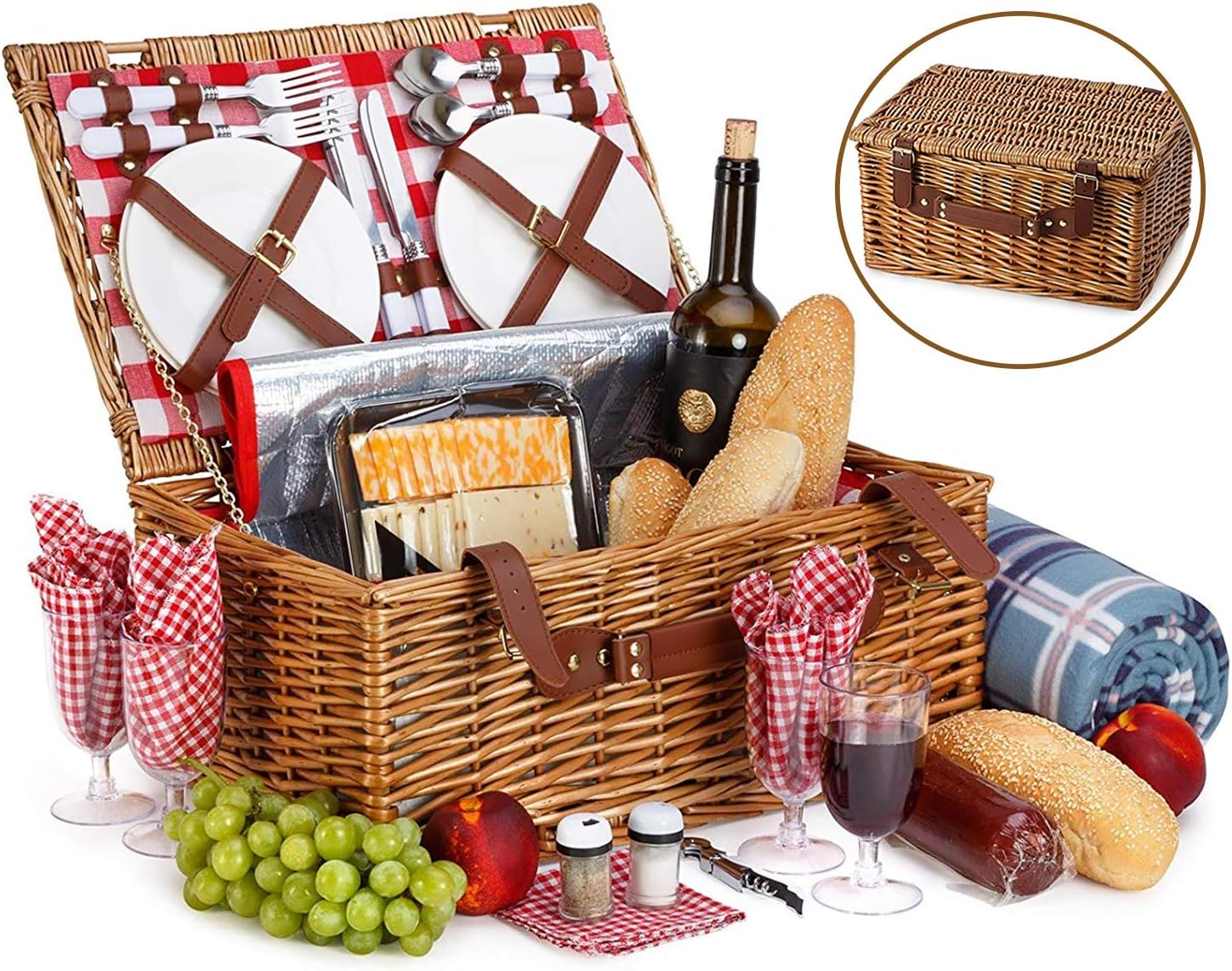 Cesta de picnic Kit de picnic para 4 personas 26 piezas, color blanco