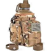 banloga Tactical Half Gallon Water Bottle with Straw, 64 Oz Insulated Water Jug with Molle Water Bottle Holder, Stainless Steel Sport Bottle with 3 BPA Free Lids for Gym Workout Hiking (Brown)