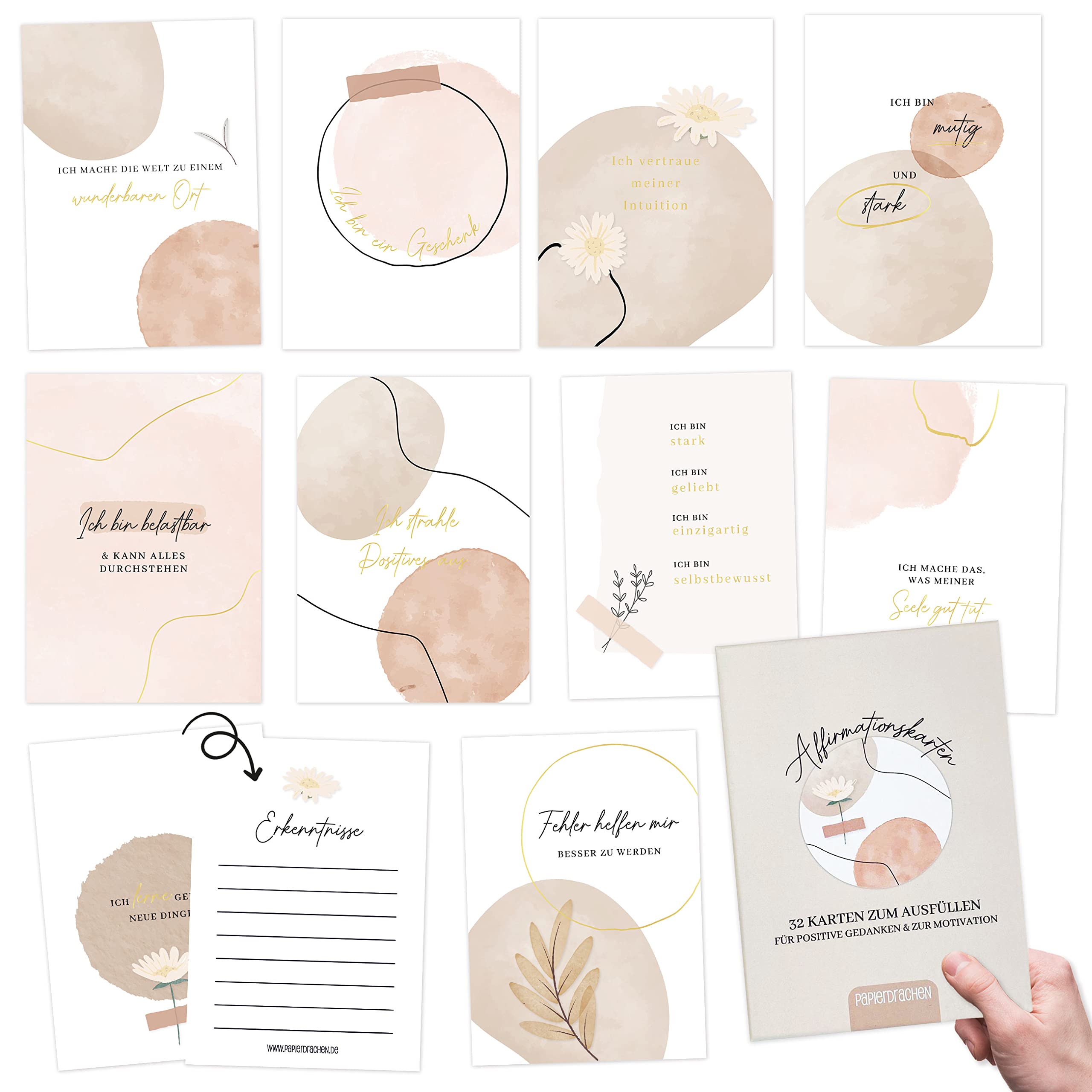 Papierdrachen 32 Affirmation Cards with Positive Statements - Mindfulness Cards with Gift Box | Motivation Cards - Manage Stress with Self-Love Cards - Gift Idea - Floral - Set 4