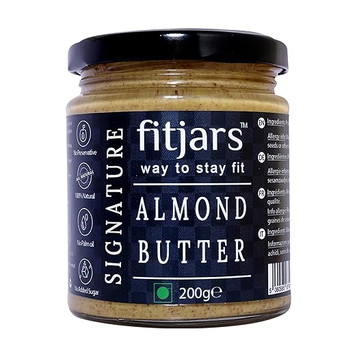 FITJARS All Natural Signature Almond Butter/Badam Unsweetned & Unsalted , 200GM ( Stone Ground Vegan Diet Butter).