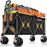 Beach Wagon Carts Foldable 570LBS Collapsible Wagon with Big All-Terrain Wheels for Sand 330L Heavy Duty Utility Carts with Cup Holders for Garden, Camping, Grocery, Black