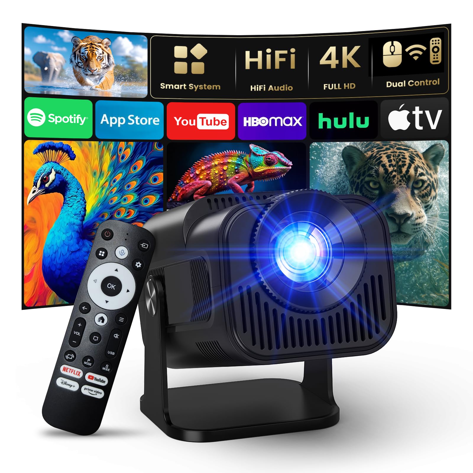 [Stereo Audio] 4K Projector with Wifi and Bluetooth, 1080P Native Mini Projector, One-Click Use Built-in YouTube/D+, Smart Home Outdoor projector-Black