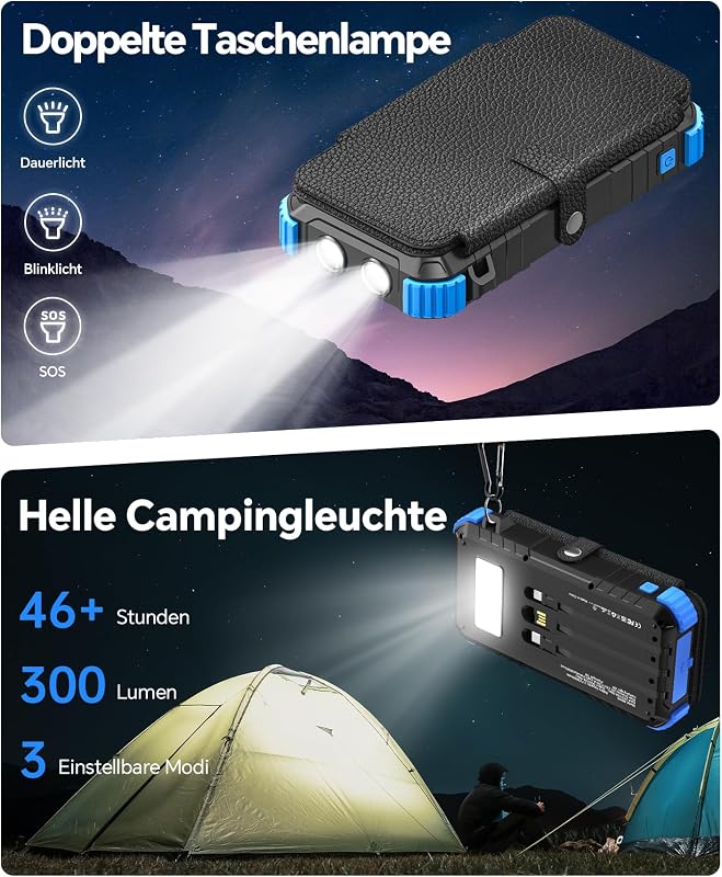 Solar Powerbank 20000mAh mit 4 Solarpanel, Powerbank mit 3 Kabeln — Foto 6 von 8