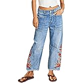 Flamingals Women's Mid Rise Straight Leg Raw Hem Embroidery Side Stitch Detail Casual Jeans